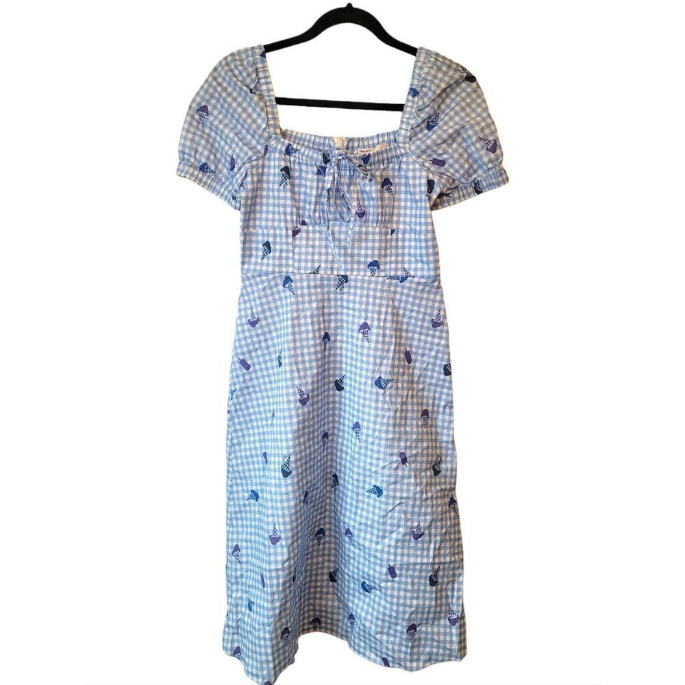 HVN Holland Bow Tie Light Blue Gingham Ice Cream Puff Sleeve Midi Dress SZ 2 NWT